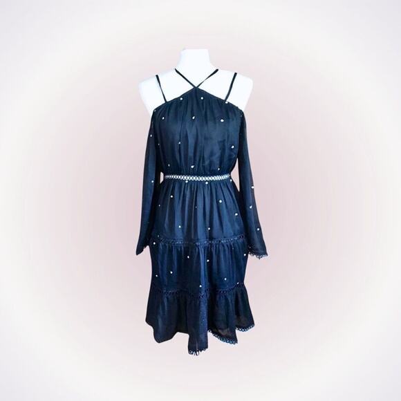 Aqua Navy Blue Embroidered Cold Shoulder Mini Dress | Sz S - Picture 1 of 14